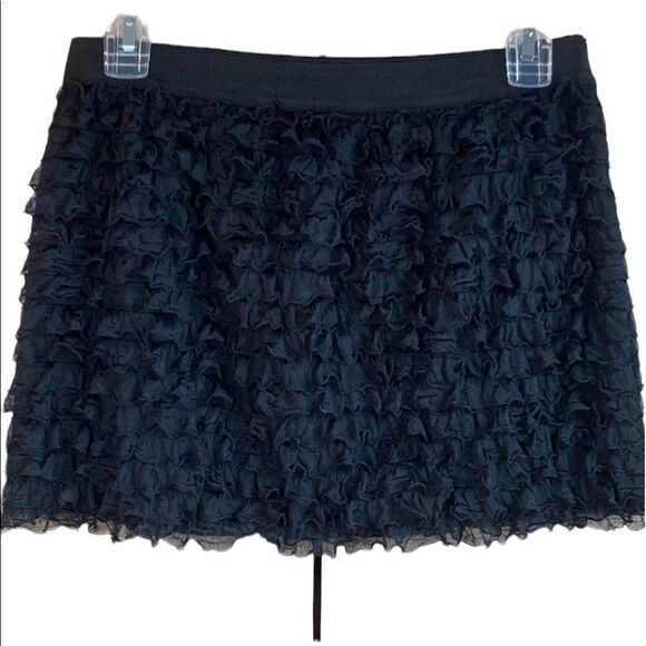 Forever 21 Solid Black Ruffle layered stretchy spandex mini Skirt fringe Size L - Picture 6 of 8